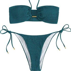 SweatyRocks Womens 2 Pc Bathing Suit Sz S Ribbed Tie Side Halter Bikini Swimsuit